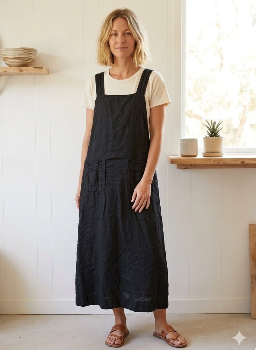 Mirth black cotton midi apron dress gauze relaxed pockets size M cottagecore